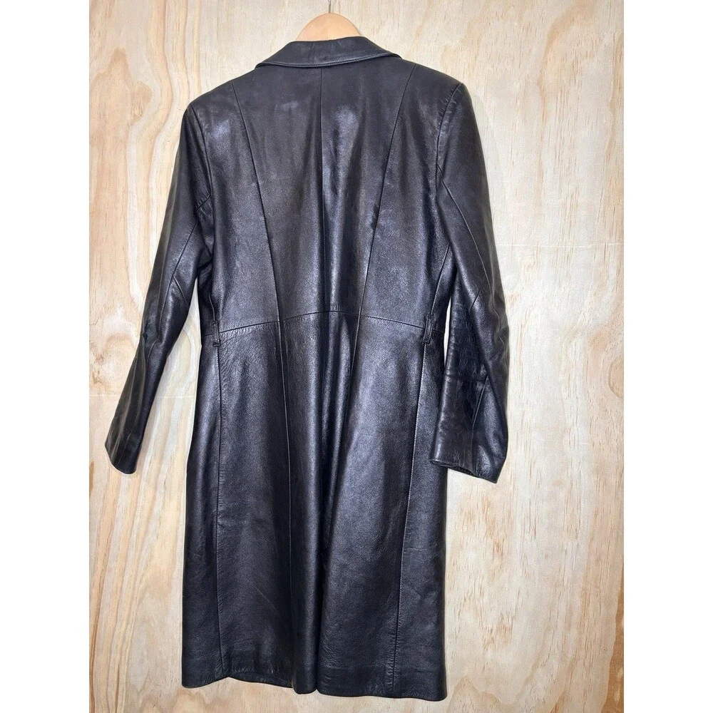 90’s Giorgio Cuirs Black leather Mid Length Trench Coat Size 36 Size Xs* flaw